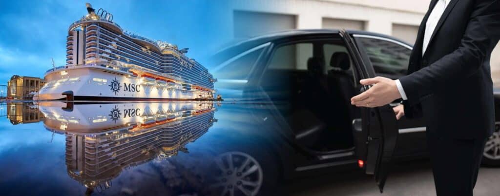 MSC Cruises ship docked beside a chauffeur opening a car door with Fast Ice Limousine Service branding.