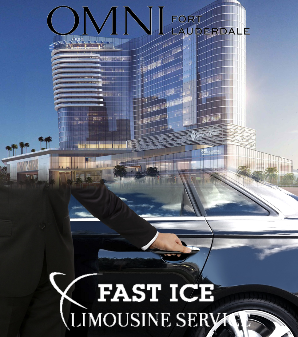 Chauffeur opening car door with Omni Fort Lauderdale hotel in background.