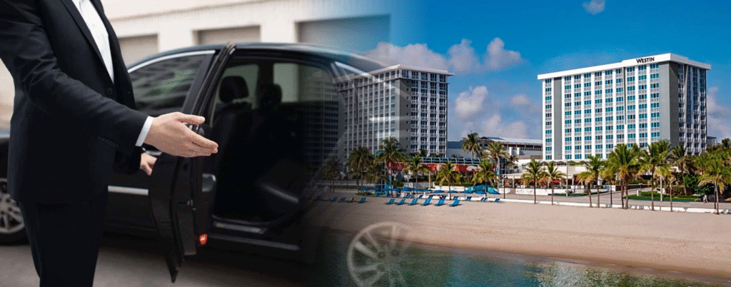 Chauffeur opening car door with Westin Hotels & Resorts beachfront in background.