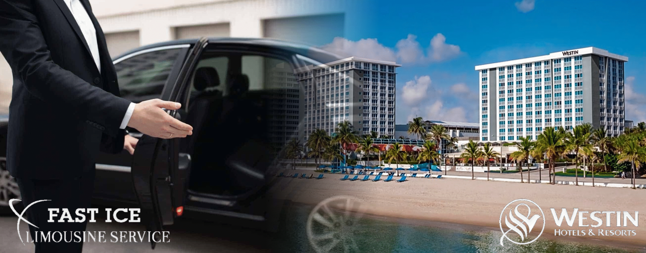 Chauffeur opening luxury car door with Westin Hotels & Resorts beachfront in the background.